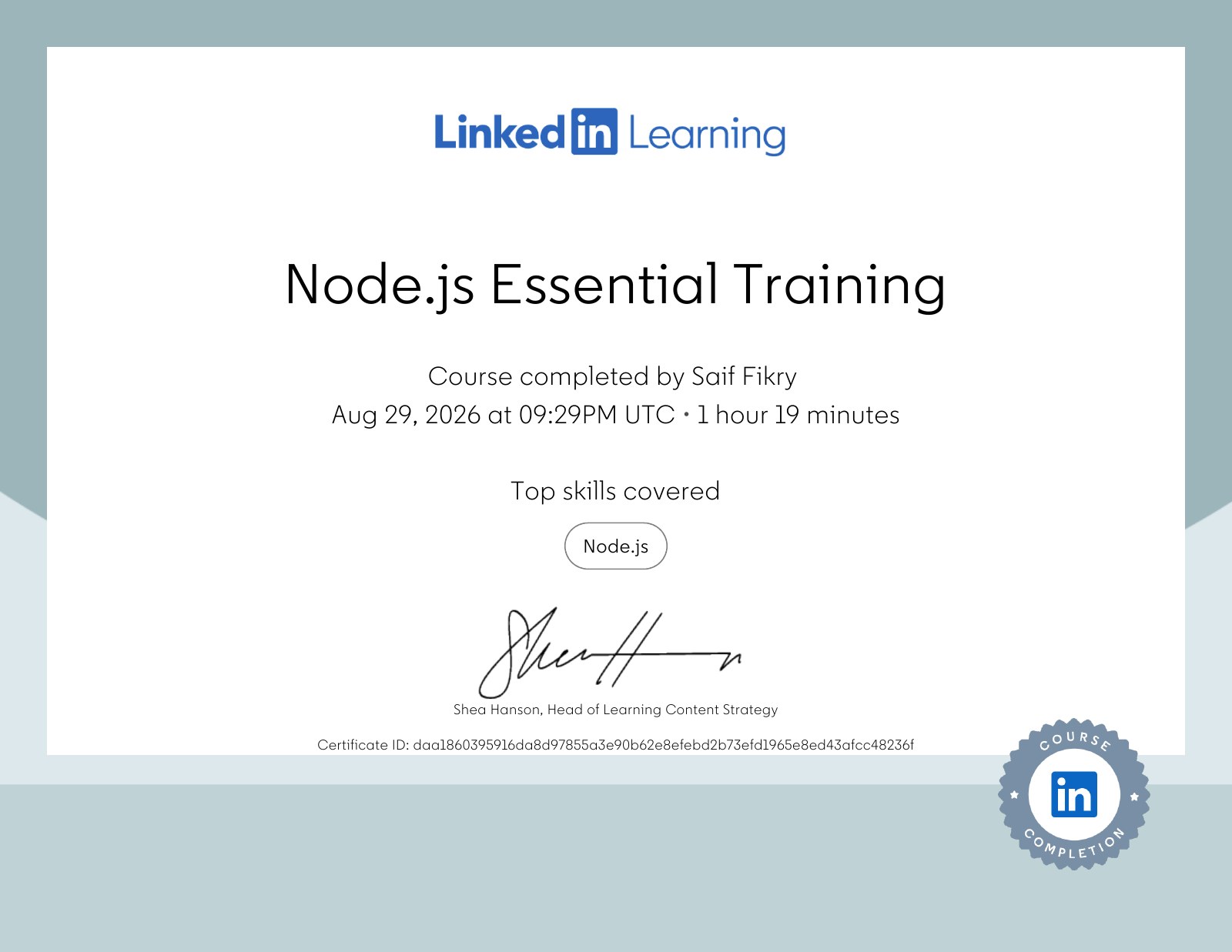 Node.js Essential Training — Saif Fikry's certificate