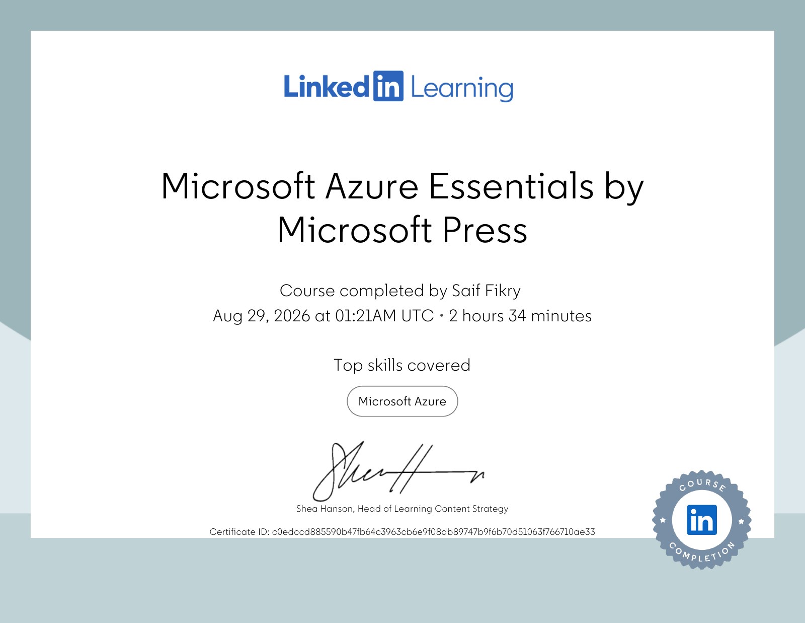 Microsoft Azure Essentials by Microsoft Press — Saif Fikry's certificate