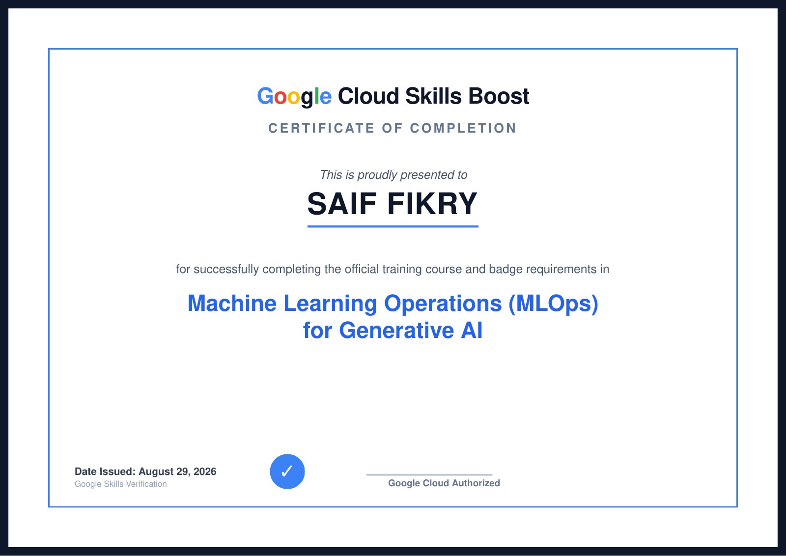 Machine Learning Operations (MLOps) for Generative AI — Saif Fikry's certificate